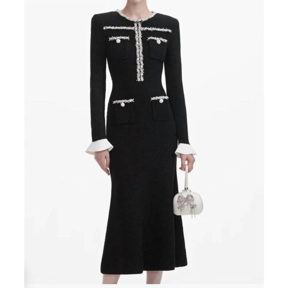 NEW SELF-PORTRAIT pearl trim midi dress in black